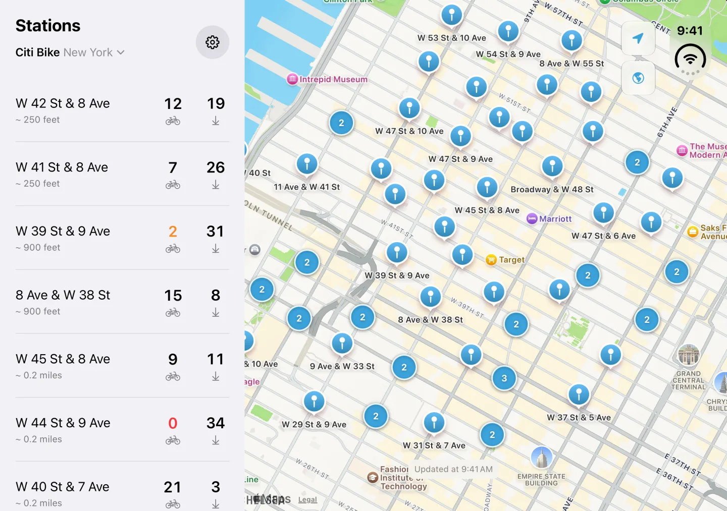 Bike Share Buddy on the unfolded iPhone Duo, with the stations listed down the left side and the map filling the rest of the screen.