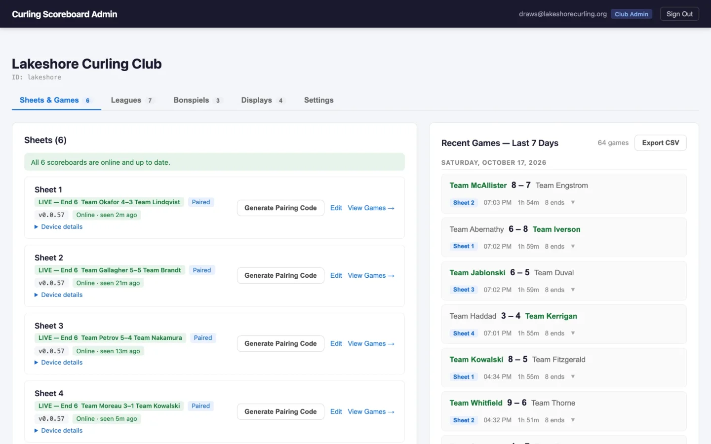 The admin portal's Sheets and Games tab, showing six sheets with live games in progress, each scoreboard's version and last-seen time, and the last seven days of completed games beside them.