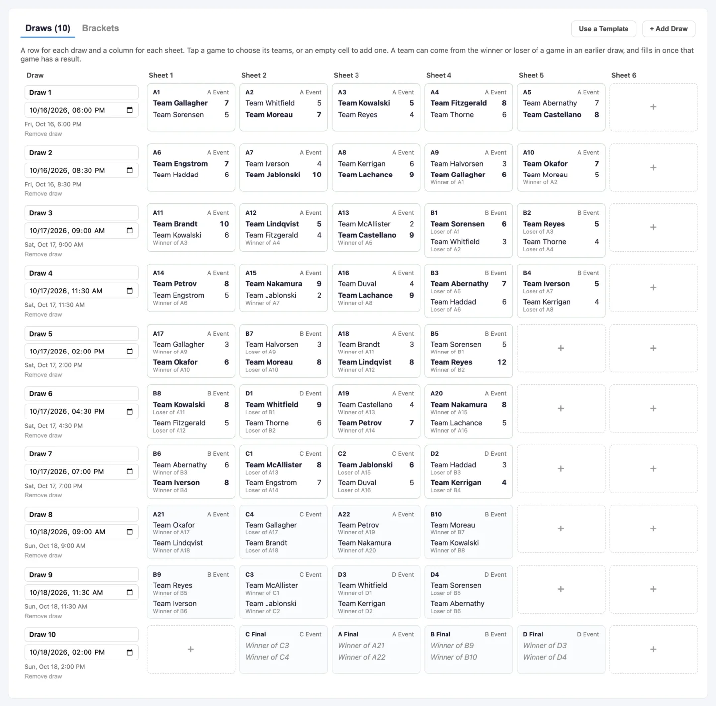 The bonspiel draw board, with ten draws down the side and six sheets across. Early games name their teams and scores; later ones read Winner of A1 or Loser of A3 until the result that fills them in arrives.