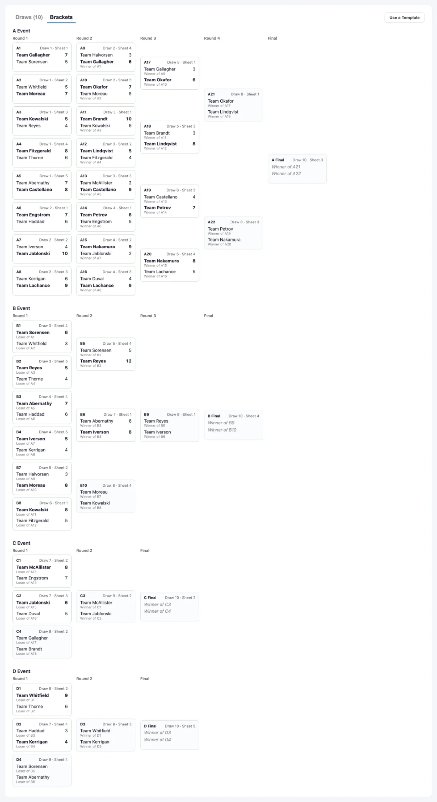 The bracket view, showing the A, B, C and D events each laid out in rounds, with completed games carrying their scores and the finals still waiting on the winners of earlier games.