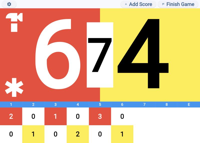 A Curling Scoreboard game in progress, with red leading yellow 6 to 4 in the seventh end, each end's score laid out beneath the totals, and markers showing which team has the hammer.