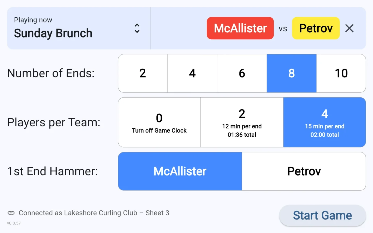 The scoreboard's game setup screen, with a bar across the top reading Playing now, Sunday Brunch, and the two picked teams on their rock colors, above the number of ends, players per team and first end hammer.