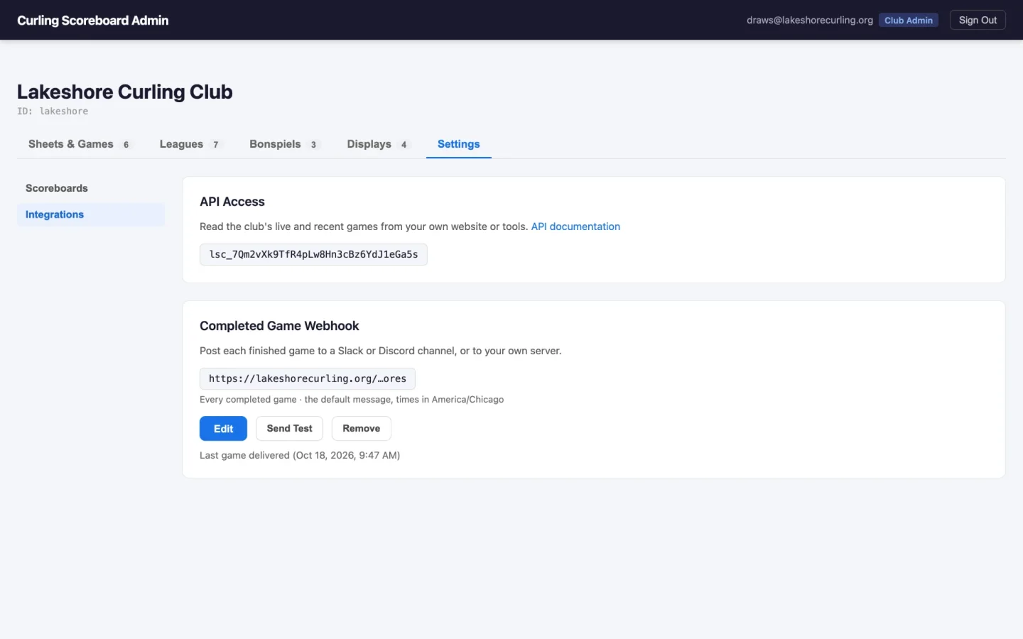 The portal's Integrations settings: an API key with a link to the API documentation, and below it the completed game webhook with its destination URL masked, what it posts, and when the last game was delivered.