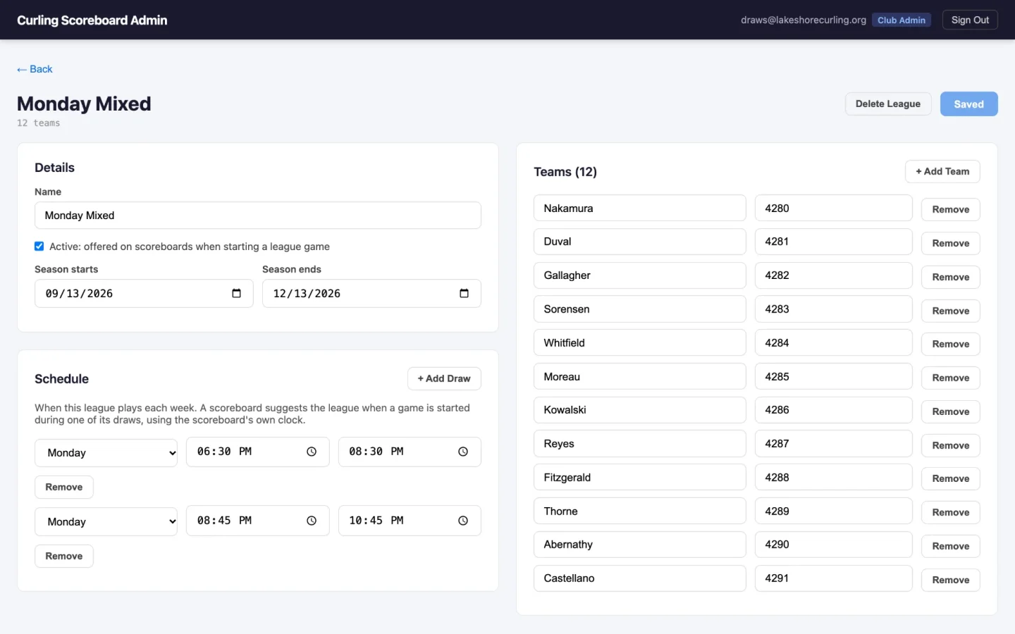 A league's page in the portal, showing its season dates, its two Monday draws, and its twelve teams each with a name and an external ID from the club's own league software.