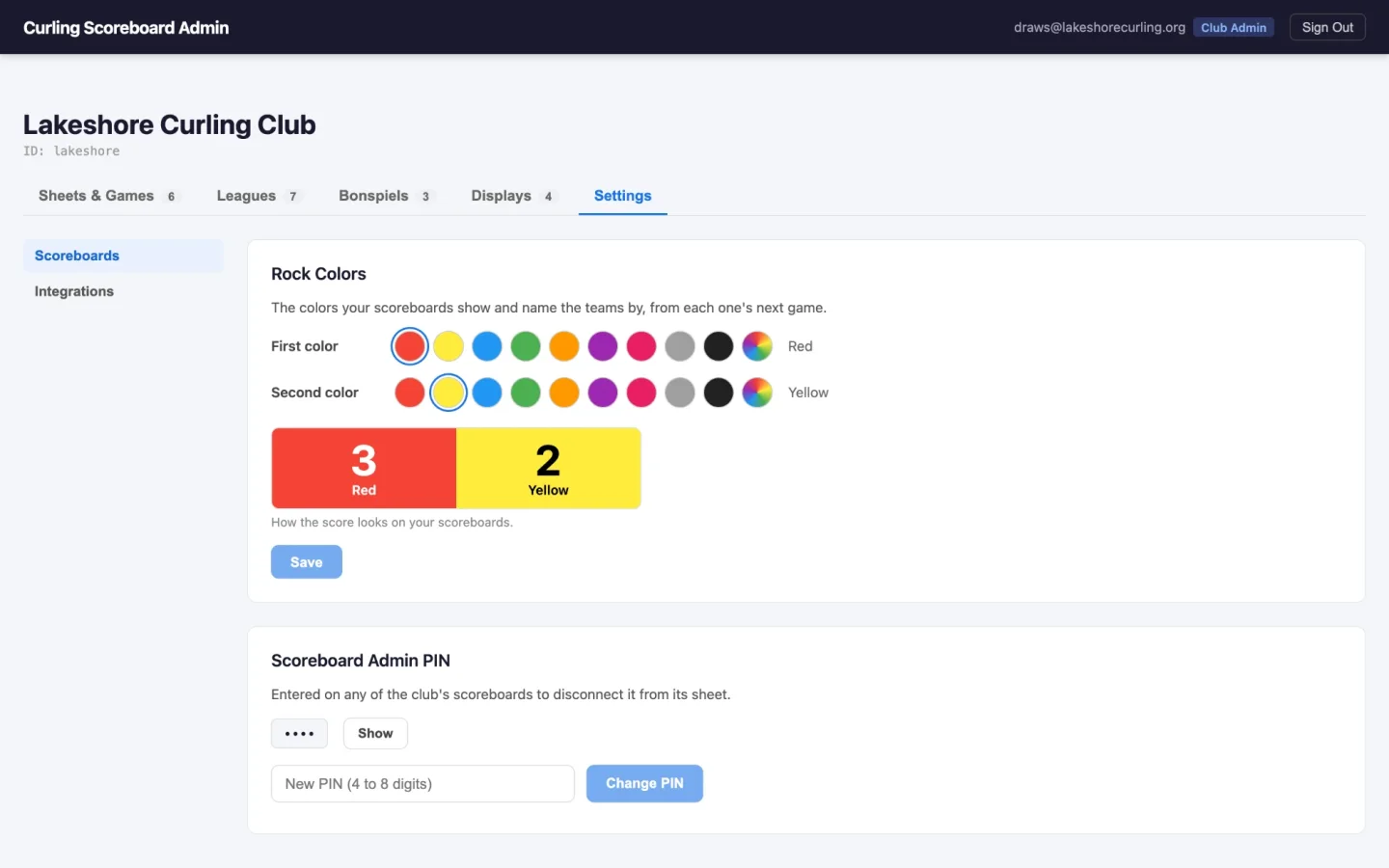 The portal's scoreboard settings, with swatches for the first and second rock colors and a preview of how a score looks on the club's scoreboards.