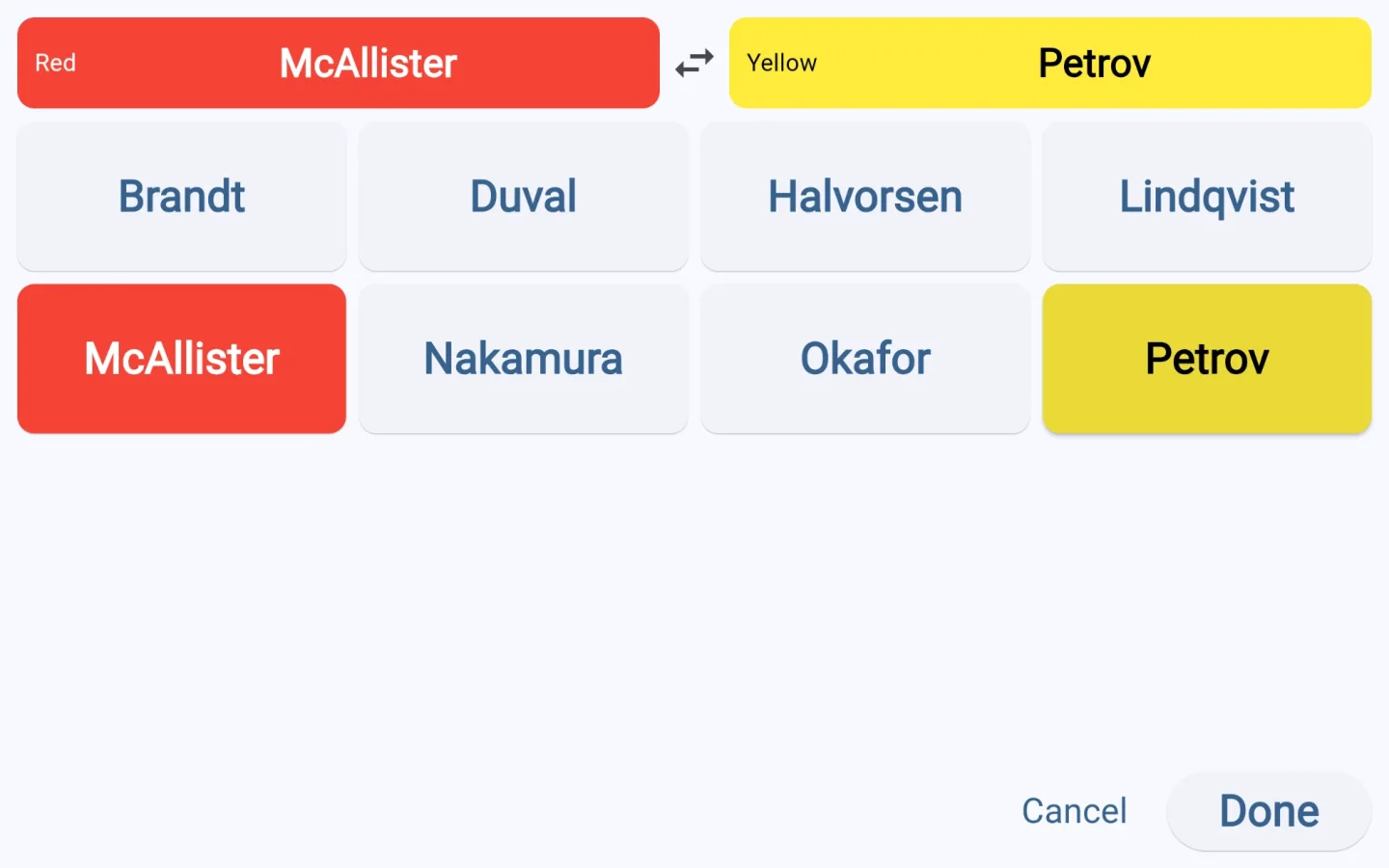 The full screen team picker, with the picked teams in red and yellow slots at the top and the league's remaining teams as large buttons below.
