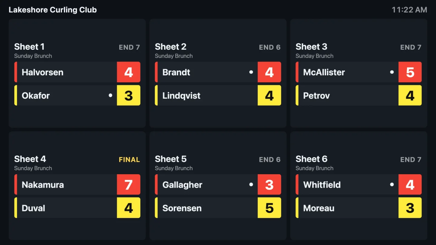 The warm room screen on a dark background, showing all six sheets as cards with the league, the current end or Final, and both teams on their rock colors with the hammer marked.