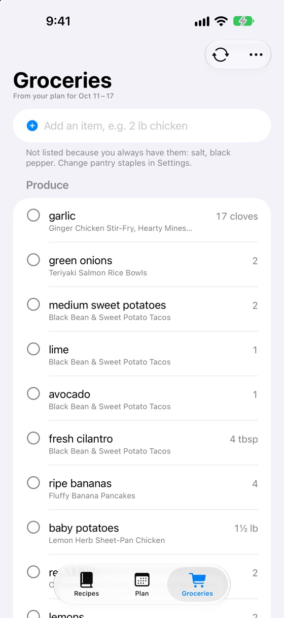 The Meal Plan grocery list, grouped by aisle with amounts merged across recipes