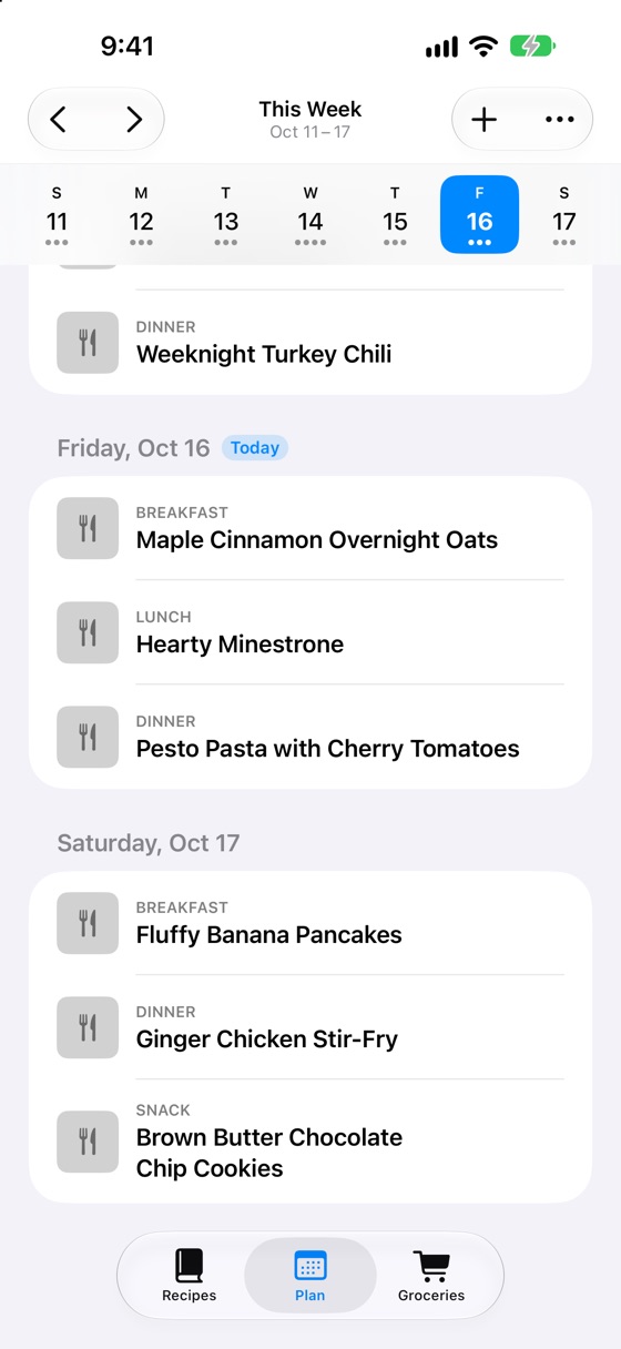 The Meal Plan week view, showing breakfast, lunch and dinner laid out across Friday and Saturday