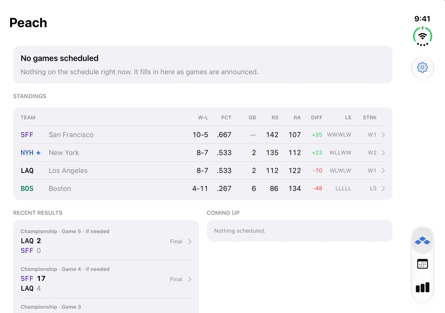 Peach on the unfolded iPhone Duo, showing the full standings table with recent results and upcoming games side by side below it.