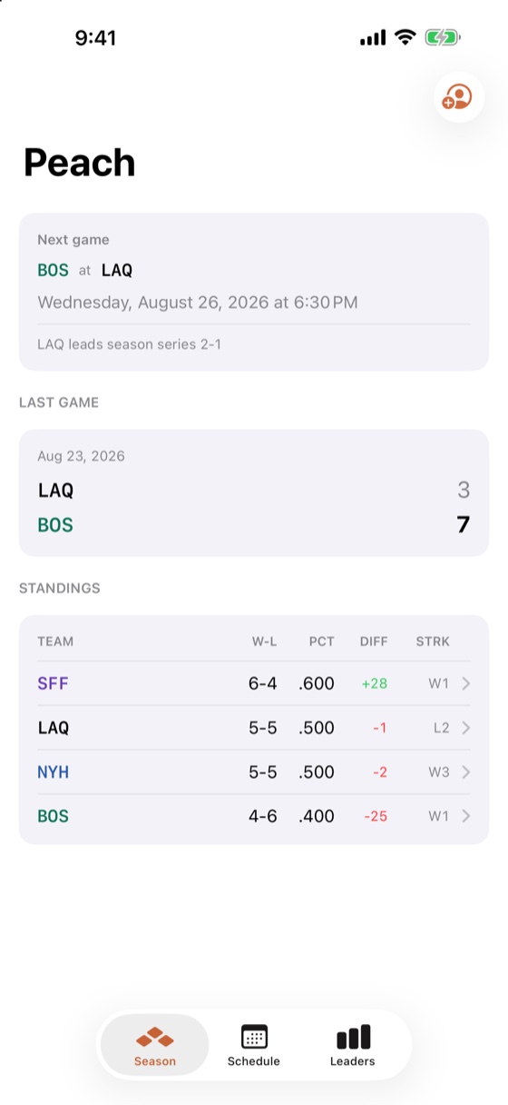 The Peach season tab, showing the next game, last night's result, and computed standings